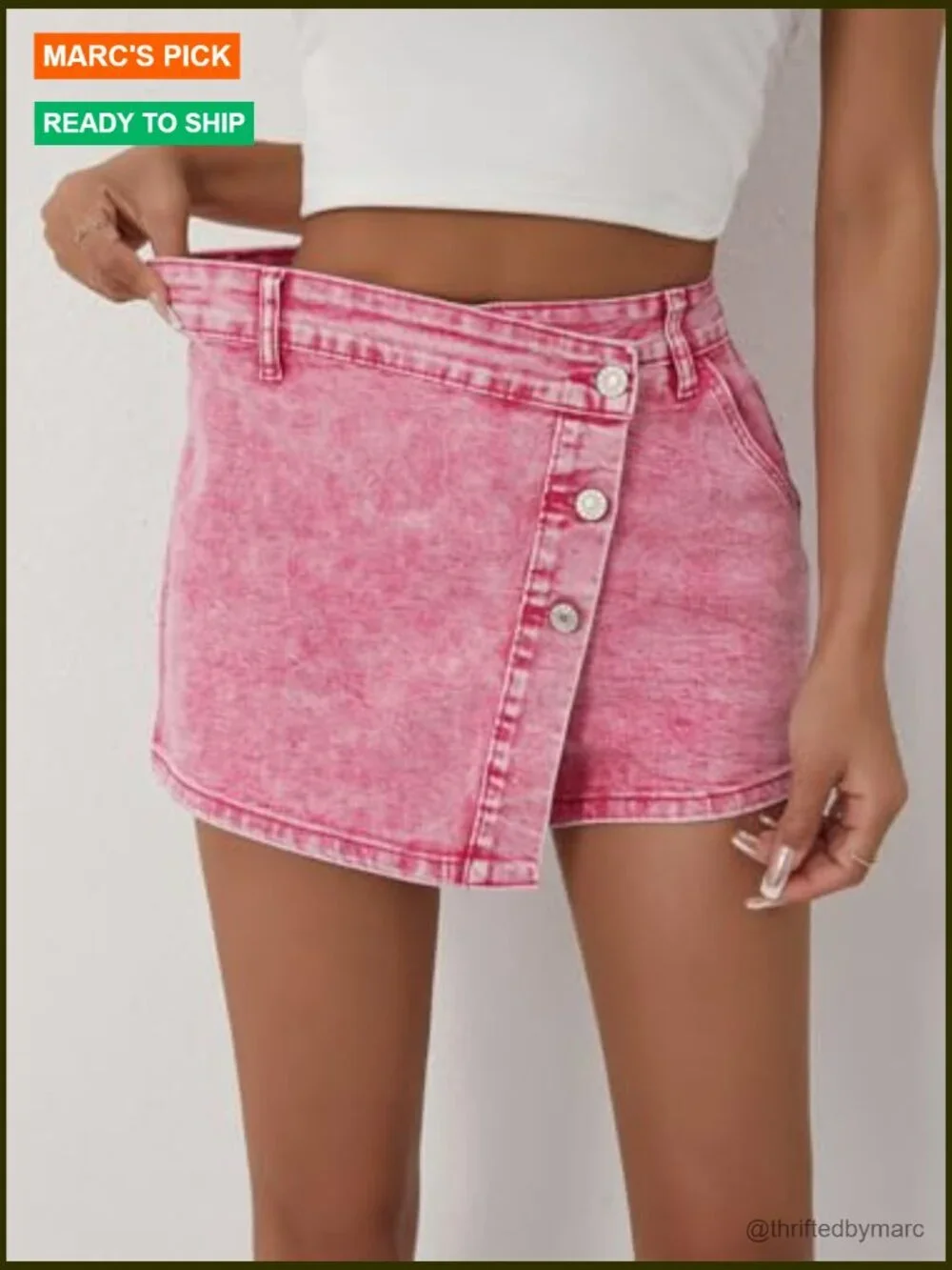 High Waisted Denim Skort Asymmetrical Button Distressed Hem Stretch